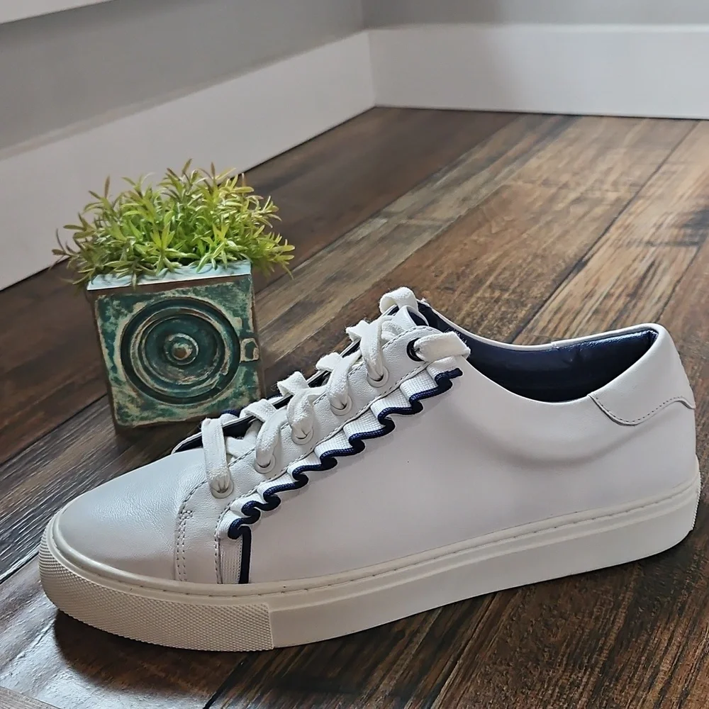 Tory Burch Women's‎ White Leather Sneakers with Navy Blue Ruffle Trim. Size